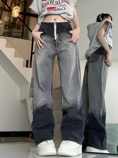 Farmer Női magas derekú farmer 2023 őszi új cipzáras teljes hosszúságú, egyenes, széles szárú farmer nadrág bő, vintage mosott nadrág