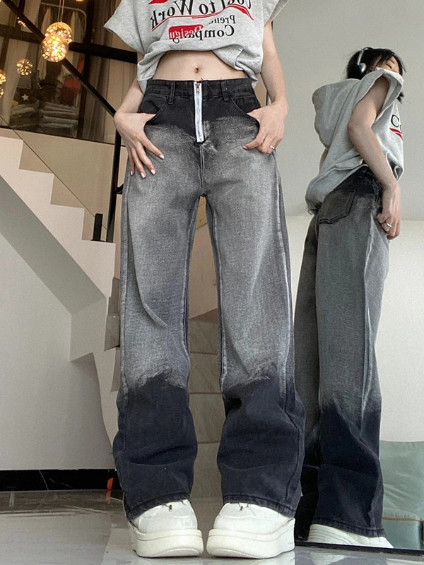 Farmer Női magas derekú farmer 2023 őszi új cipzáras teljes hosszúságú, egyenes, széles szárú farmer nadrág bő, vintage mosott nadrág