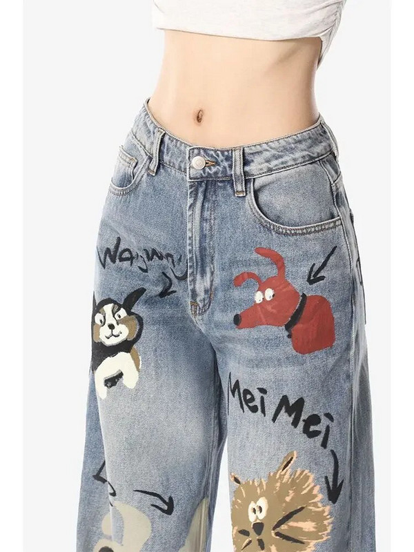 Noi blugi graffiti cu talie înaltă pentru femei, model de imprimeu desen animat, Y2K, blugi largi, drepti, casual, pentru bărbați și femei