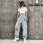 Παντελόνι με μοτίβο Γυναικεία τζιν με στάμπα παντελόνι για γυναίκες Γραφικό σκισμένο ίσιο πόδι σκισμένο γράμμα Ψηλόμεση Τρύπες για σφηνάκια Summer Z