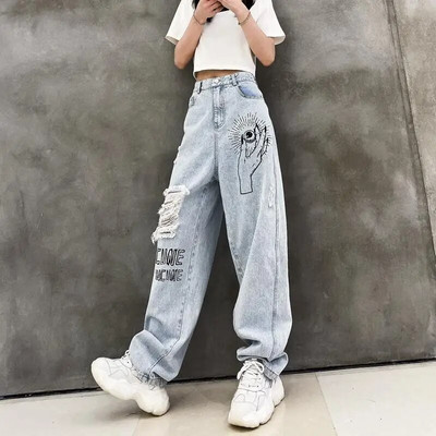 Παντελόνι με μοτίβο Γυναικεία τζιν με στάμπα παντελόνι για γυναίκες Γραφικό σκισμένο ίσιο πόδι σκισμένο γράμμα Ψηλόμεση Τρύπες για σφηνάκια Summer Z