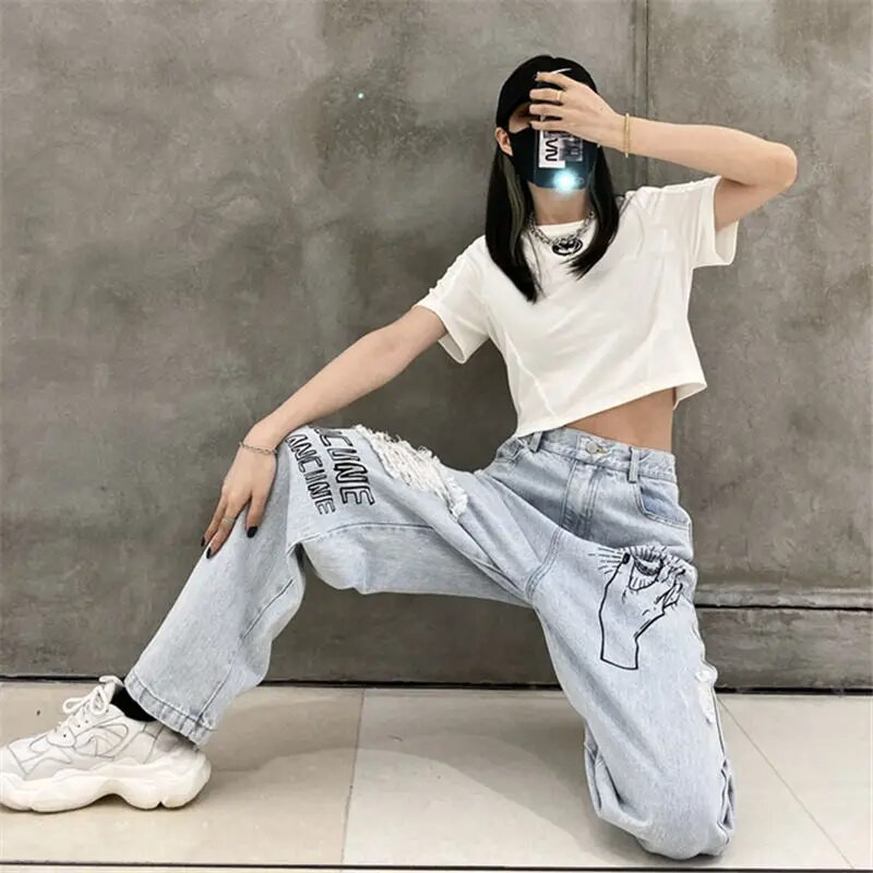 Παντελόνι με μοτίβο Γυναικεία τζιν με στάμπα παντελόνι για γυναίκες Γραφικό σκισμένο ίσιο πόδι σκισμένο γράμμα Ψηλόμεση Τρύπες για σφηνάκια Summer Z
