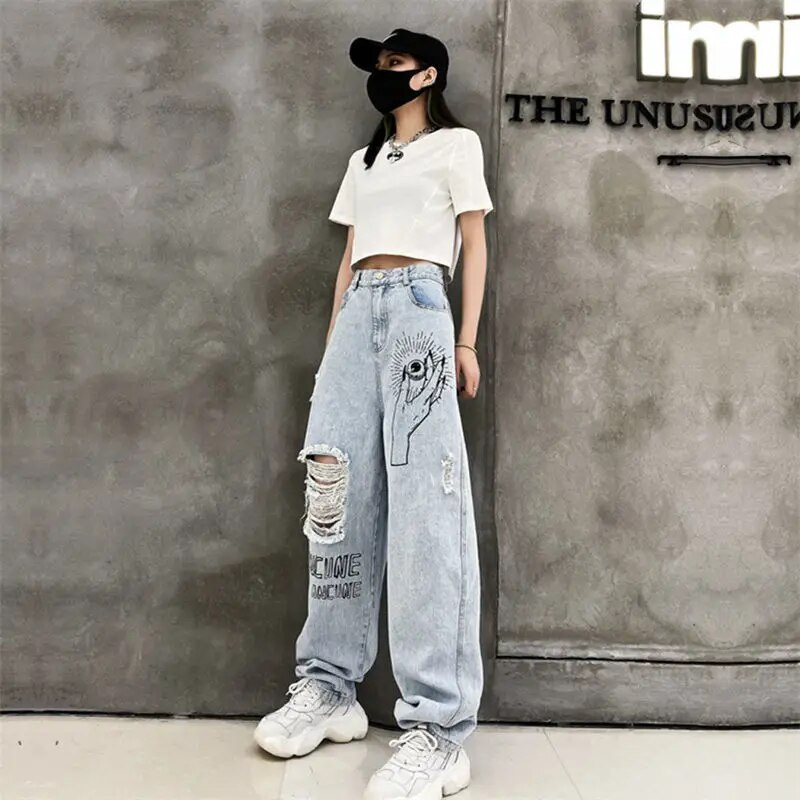 Παντελόνι με μοτίβο Γυναικεία τζιν με στάμπα παντελόνι για γυναίκες Γραφικό σκισμένο ίσιο πόδι σκισμένο γράμμα Ψηλόμεση Τρύπες για σφηνάκια Summer Z