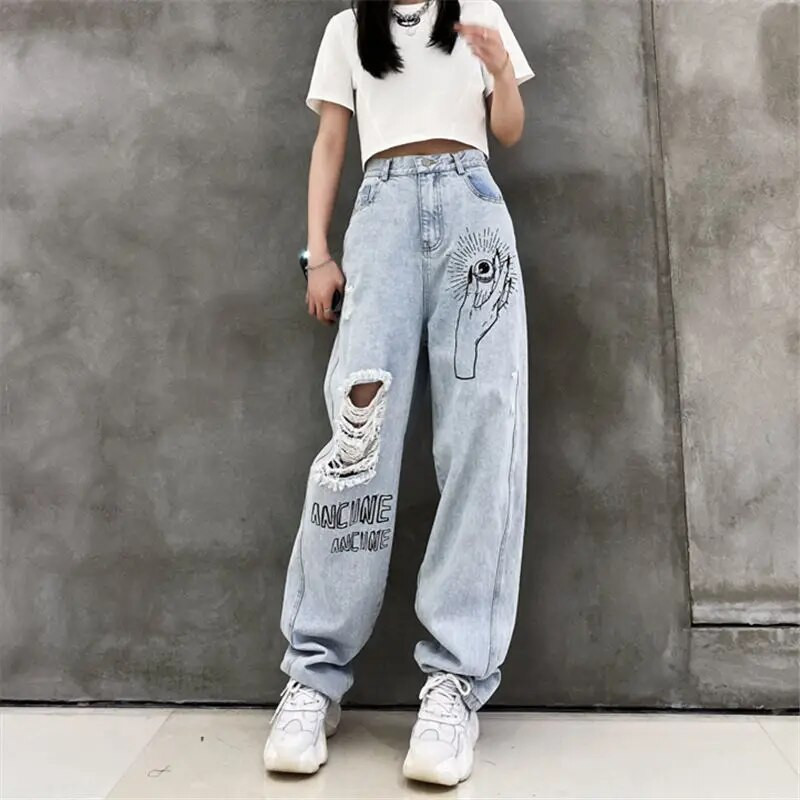 Παντελόνι με μοτίβο Γυναικεία τζιν με στάμπα παντελόνι για γυναίκες Γραφικό σκισμένο ίσιο πόδι σκισμένο γράμμα Ψηλόμεση Τρύπες για σφηνάκια Summer Z