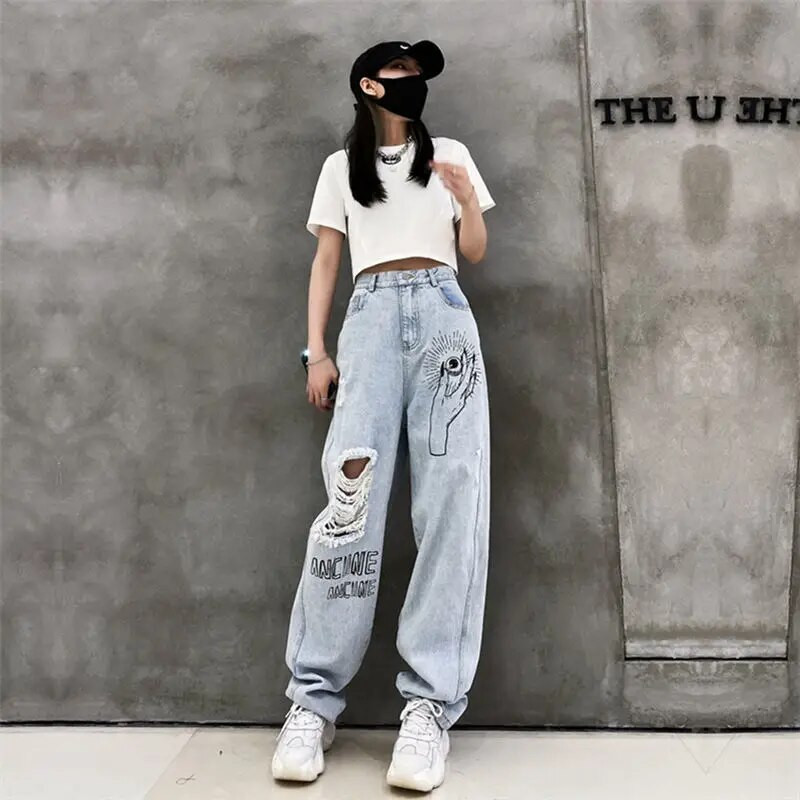 Παντελόνι με μοτίβο Γυναικεία τζιν με στάμπα παντελόνι για γυναίκες Γραφικό σκισμένο ίσιο πόδι σκισμένο γράμμα Ψηλόμεση Τρύπες για σφηνάκια Summer Z