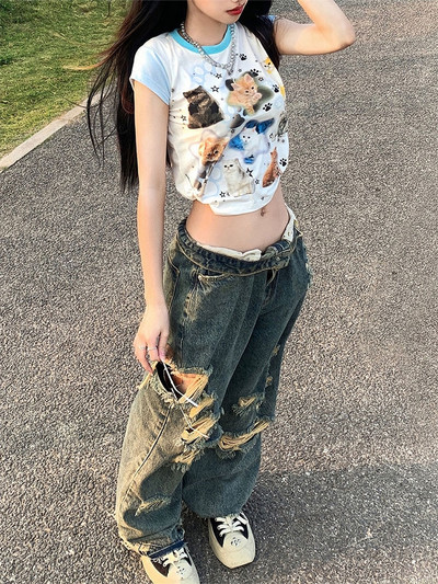 Naiste püksid Tänavarõivad kottis rebenenud auguga Korea vintage teksad Kuumad tüdrukud kõrge laia säärega püksid Denim maapikkused püksid Y2K