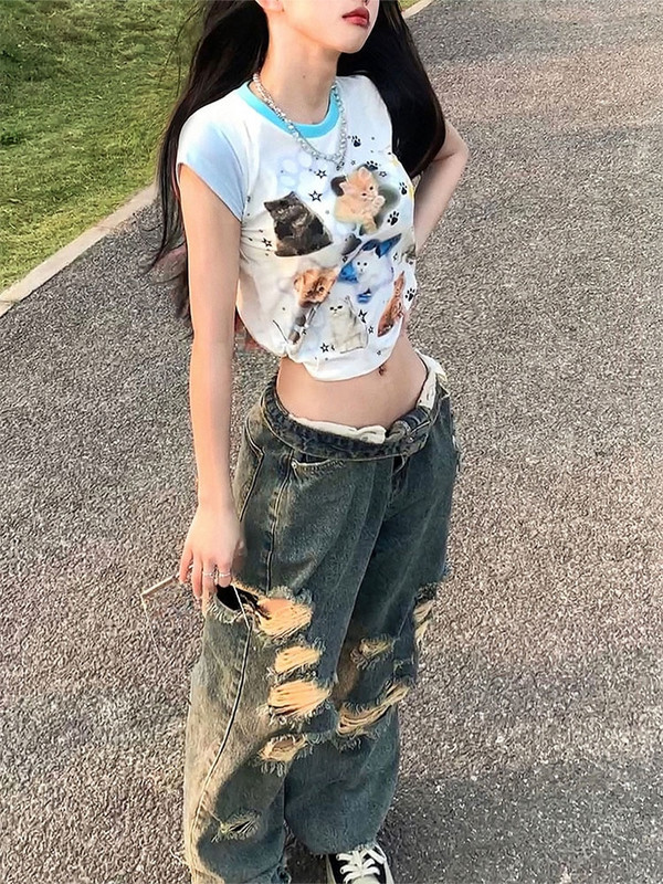 Ženske hlače Ulična odjeća Vrećaste korejske vintage traperice s poderanim rupama Hot Girls Hlače visokih širokih nogavica Traper hlače do poda Y2K