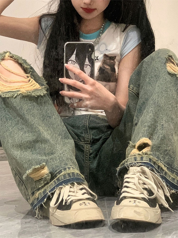 Ženske hlače Ulična odjeća Vrećaste korejske vintage traperice s poderanim rupama Hot Girls Hlače visokih širokih nogavica Traper hlače do poda Y2K