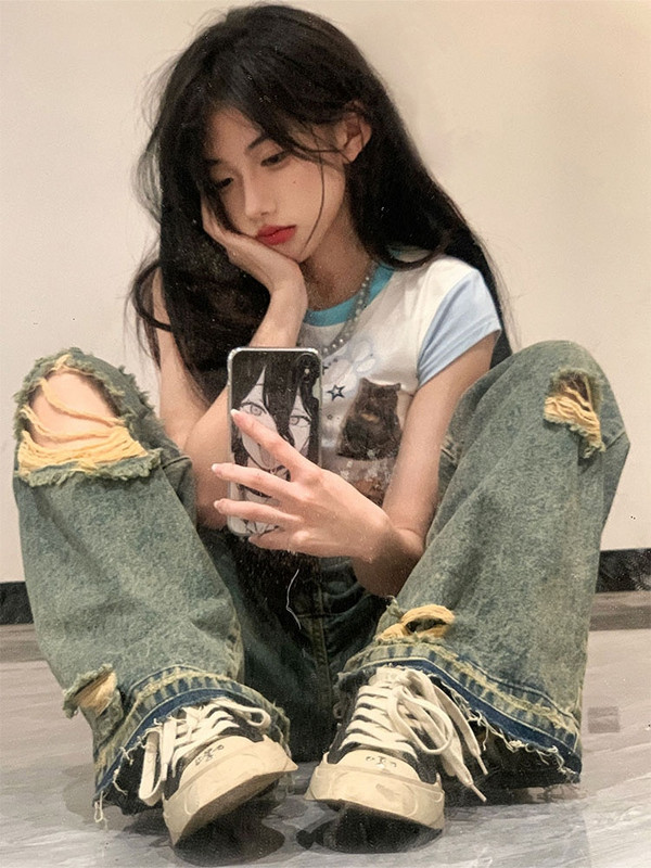 Ženske hlače Ulična odjeća Vrećaste korejske vintage traperice s poderanim rupama Hot Girls Hlače visokih širokih nogavica Traper hlače do poda Y2K