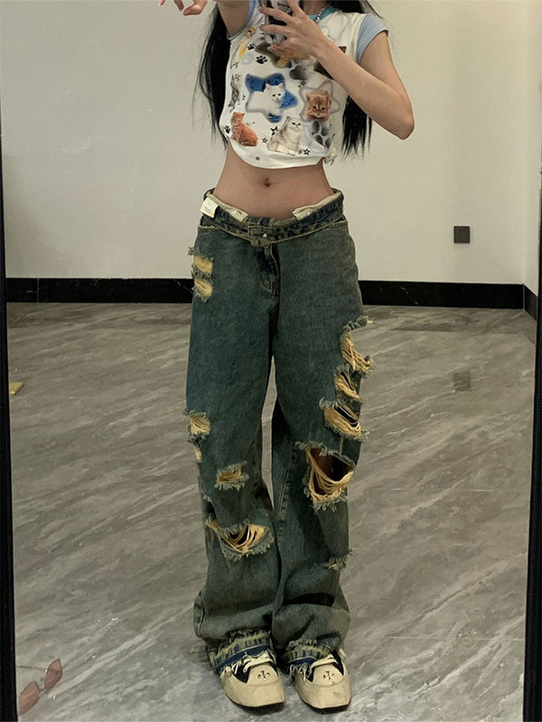 Ženske hlače Ulična odjeća Vrećaste korejske vintage traperice s poderanim rupama Hot Girls Hlače visokih širokih nogavica Traper hlače do poda Y2K