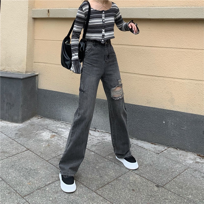 Magas derekú női szürke farmer tavaszi és nyári új koreai, egyenes cső, laza lyukú divat, hétköznapi széles lábú farmernadrág