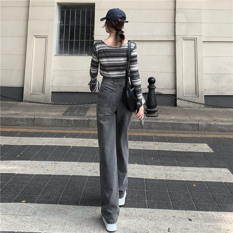 Magas derekú női szürke farmer tavaszi és nyári új koreai, egyenes cső, laza lyukú divat, hétköznapi széles lábú farmernadrág