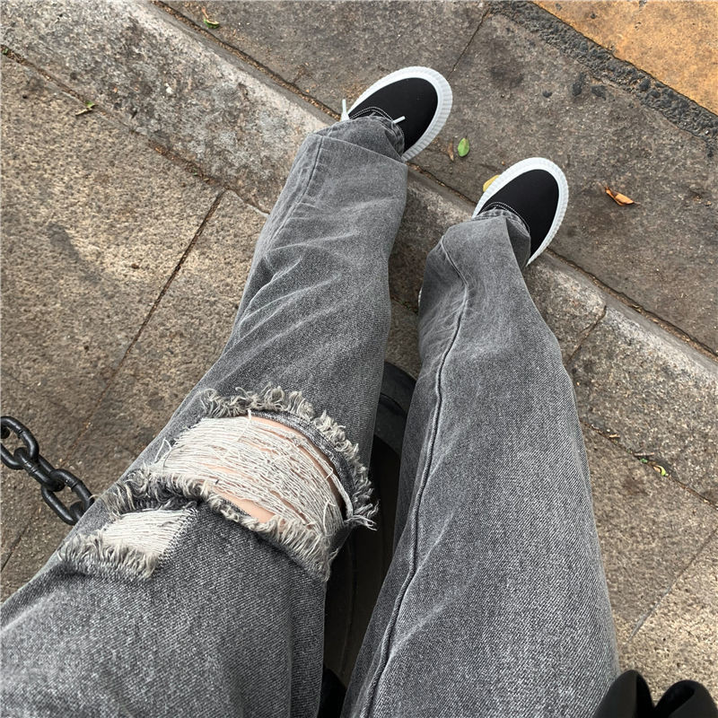 Magas derekú női szürke farmer tavaszi és nyári új koreai, egyenes cső, laza lyukú divat, hétköznapi széles lábú farmernadrág