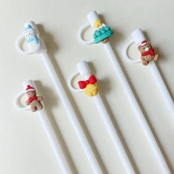 Kawaii Christmas Straw Topper Силиконови коледни сламки Toppers за чаша Drinking Charm Декорация Капак за 7-8cm сламки 1 бр.