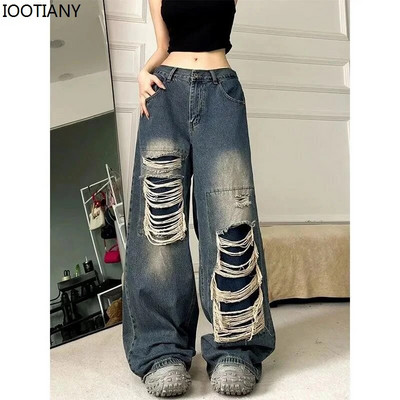 IOOTIANY 2024. Proljetna ulična odjeća Poderane široke traperice za žene Modne Boyfriend traperice visokog struka za žene Gotičke traper hlače