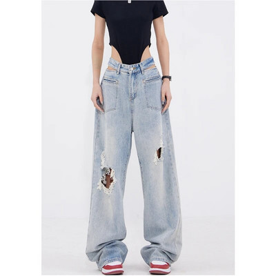 Proljeće ljeto 2024. Ženske Harajuku visokog struka Vintage Y2K široke traper hlače Ulična odjeća Široke vrećaste plave poderane traper hlače