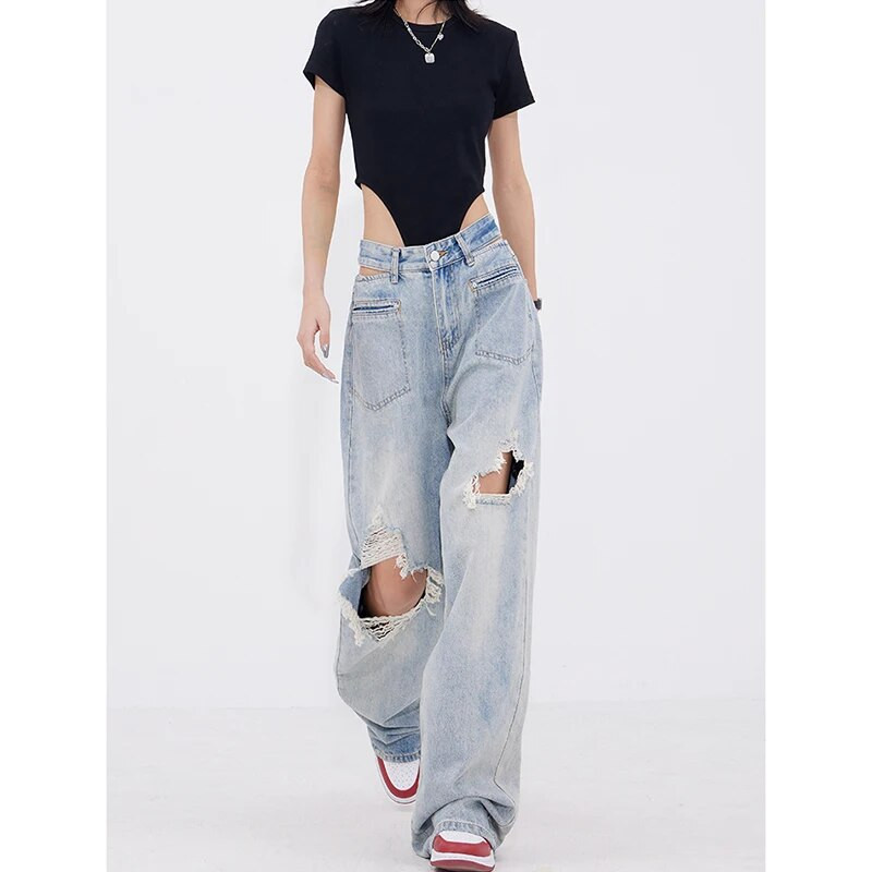 Proljeće ljeto 2024. Ženske Harajuku visokog struka Vintage Y2K široke traper hlače Ulična odjeća Široke vrećaste plave poderane traper hlače