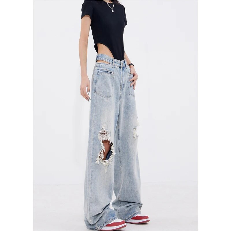 Proljeće ljeto 2024. Ženske Harajuku visokog struka Vintage Y2K široke traper hlače Ulična odjeća Široke vrećaste plave poderane traper hlače