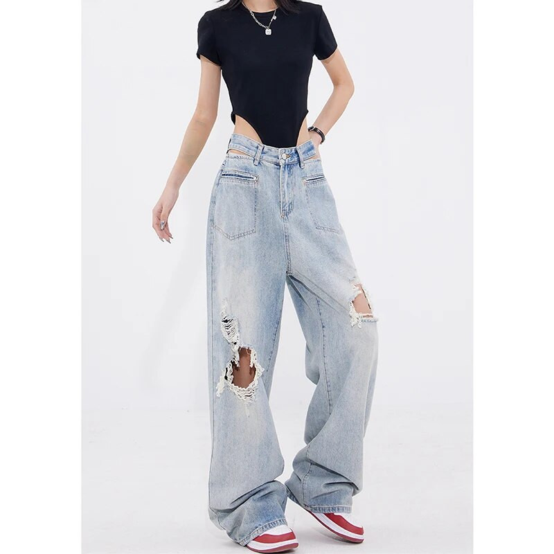 Proljeće ljeto 2024. Ženske Harajuku visokog struka Vintage Y2K široke traper hlače Ulična odjeća Široke vrećaste plave poderane traper hlače