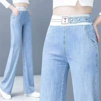Ljetne tanke široke traperice s vezom Ženske traper hlače s ravnim nogavicama Hlače s elastičnim visokim strukom Ležerne pantalone Plave Vaquero Novo