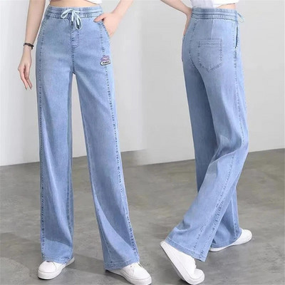 Ljetne tanke široke traperice s vezom Ženske traper hlače s ravnim nogavicama Hlače s elastičnim visokim strukom Ležerne pantalone Plave Vaquero Novo
