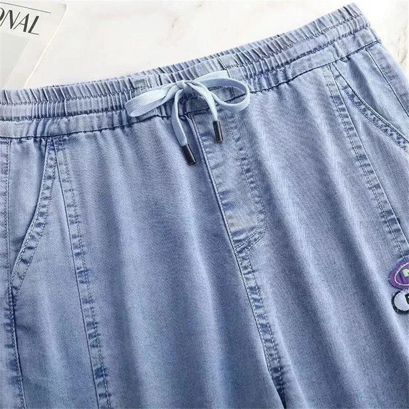 Ljetne tanke široke traperice s vezom Ženske traper hlače s ravnim nogavicama Hlače s elastičnim visokim strukom Ležerne pantalone Plave Vaquero Novo