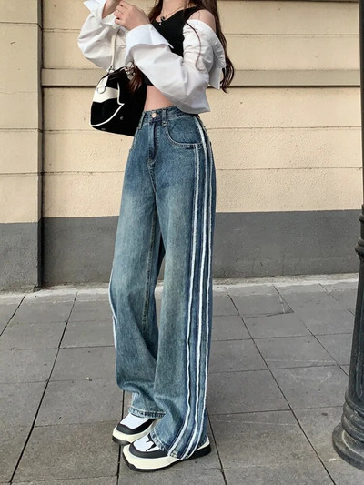 2023 Y2K Fashion Side Stripe Washed Blue Baggy Jeans Панталони за Дамски дрехи Прави дамски хип-хоп дънкови панталони Pantalon Femme