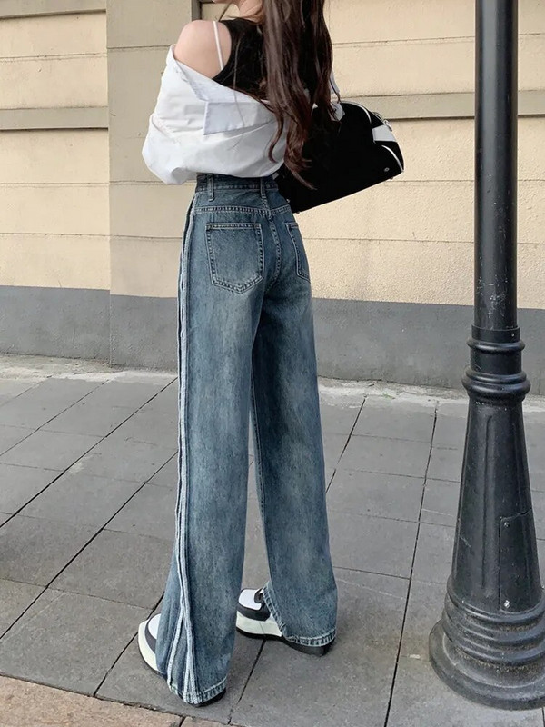 2023. Y2K modne isprane plave vrećaste traper hlače s bočnim prugama za žensku odjeću Ravne ženske hip-hop traper hlače Pantalon Femme