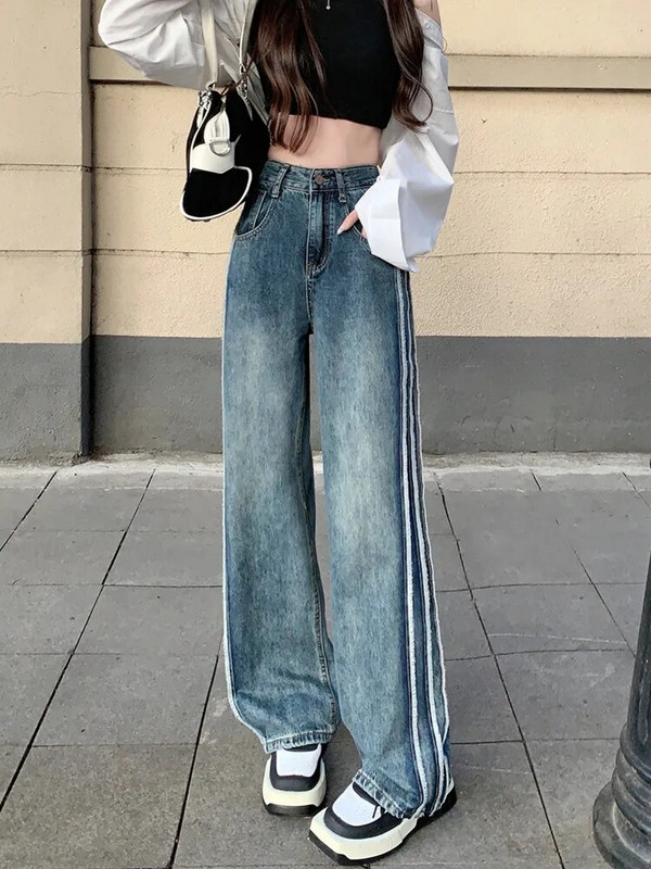 2023. Y2K modne isprane plave vrećaste traper hlače s bočnim prugama za žensku odjeću Ravne ženske hip-hop traper hlače Pantalon Femme