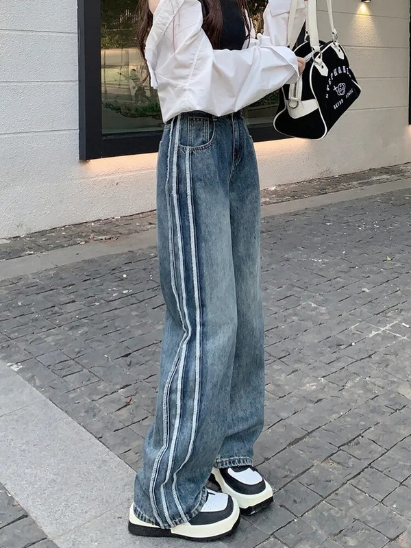 2023. Y2K modne isprane plave vrećaste traper hlače s bočnim prugama za žensku odjeću Ravne ženske hip-hop traper hlače Pantalon Femme