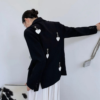 Моден плътен блейзър Дамско яке Свободни ежедневни джобове Женска верига сърце Свободен работен костюм с дълъг ръкав Палто Офис дамски блейзъри