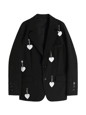 Fashion Solid Blazer Γυναικείο τζάκετ Loose Casual τσέπες Γυναικεία αλυσίδα καρδιών Φαρδύ μακρυμάνικο κοστούμι εργασίας Παλτό Office Lady Blazers