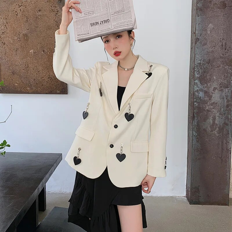 Fashion Solid Blazer Γυναικείο τζάκετ Loose Casual τσέπες Γυναικεία αλυσίδα καρδιών Φαρδύ μακρυμάνικο κοστούμι εργασίας Παλτό Office Lady Blazers