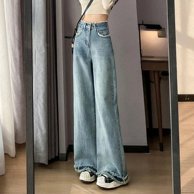 Nadrág Kék Farmer Női Magas derekú Shot Farmer nadrág Női Egyenes láb Fehér 2023-as divat nyári laza szabás hűvös trend fényes