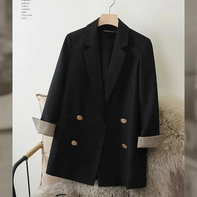 Čierne sako pre ženy 2023 Jar Jeseň Zima Voľné Módne Univerzálne Joker Jednoduché Dochádzajúce Dvojradové Sako Oblečenie