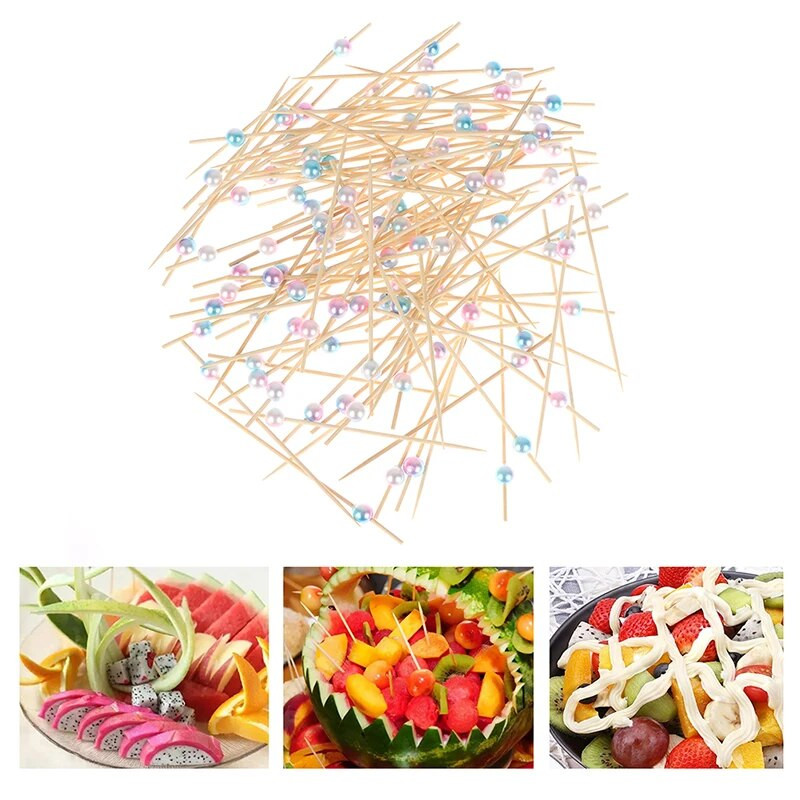 100db színes gyöngyök bambusz gyümölcsrudak koktéldíszítéshez saláta snack szendvics büfé fogpiszkáló esküvői parti kellékek