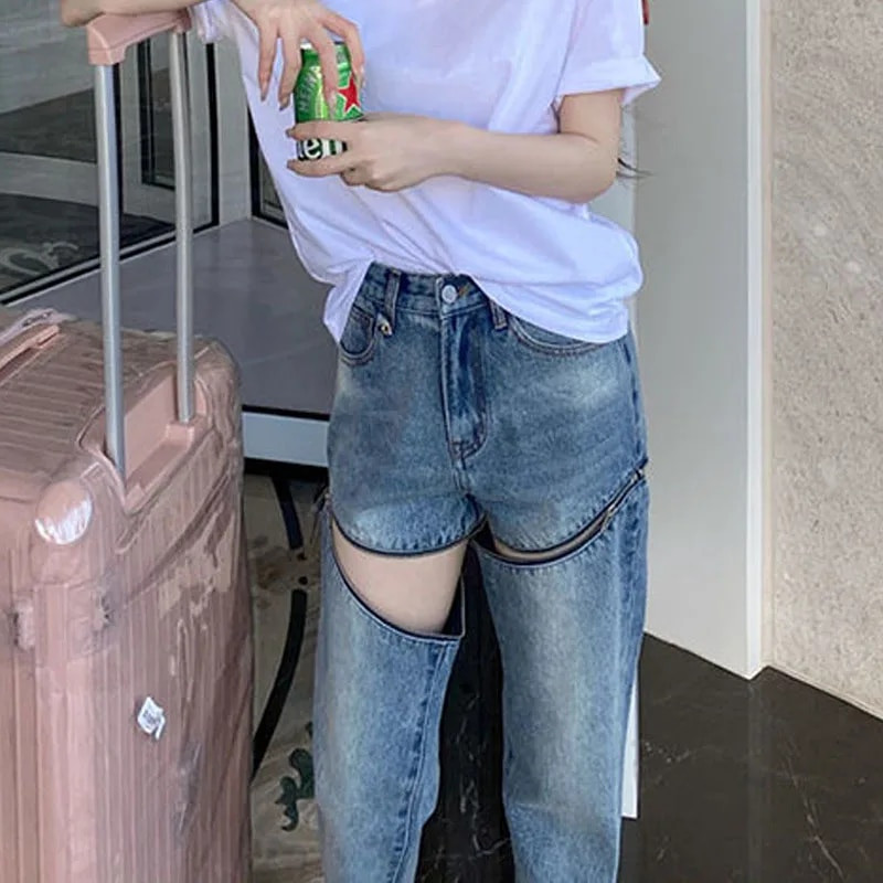 Ženske traperice s patentnim zatvaračima, proljeće ljeto 2022., nove ulične odjeće s visokim strukom, ravne traper hlače