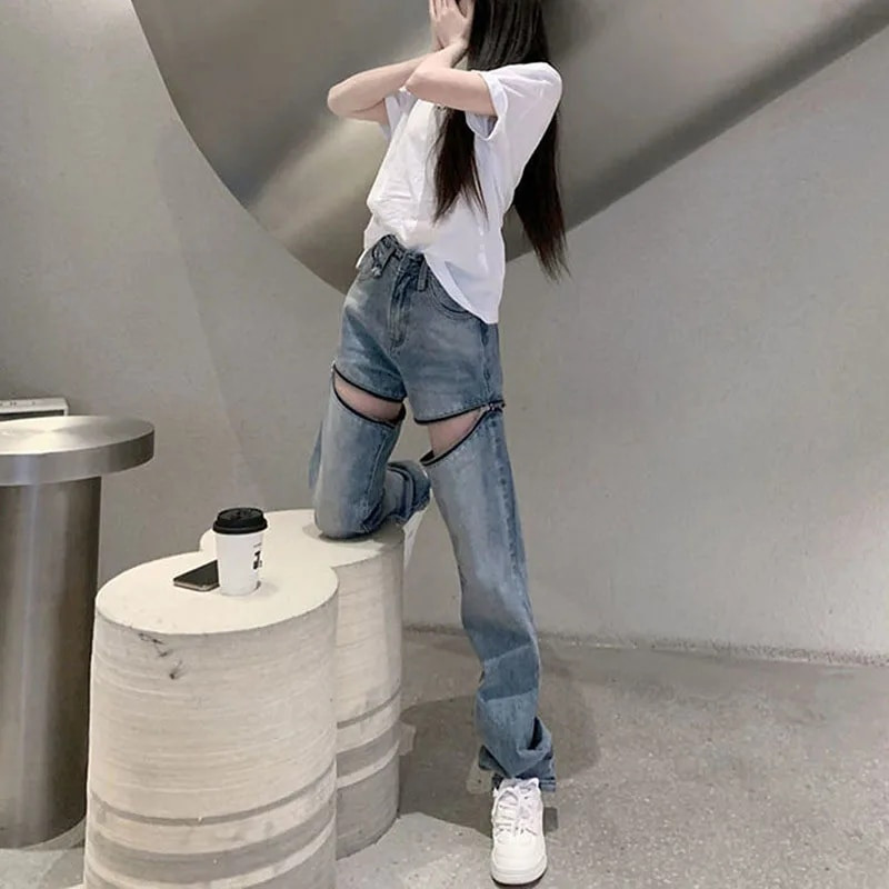 Ženske traperice s patentnim zatvaračima, proljeće ljeto 2022., nove ulične odjeće s visokim strukom, ravne traper hlače