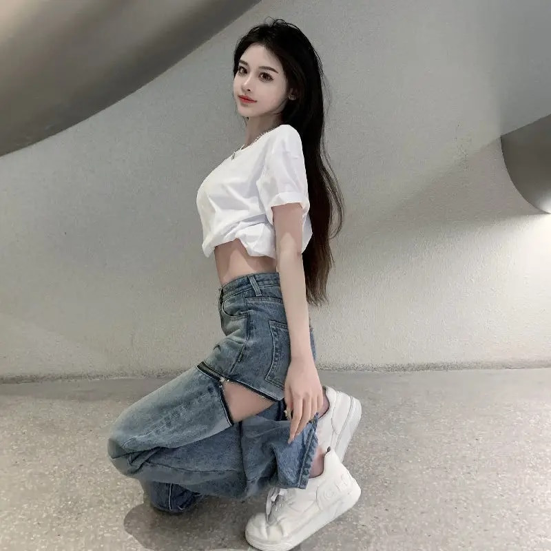 Ženske traperice s patentnim zatvaračima, proljeće ljeto 2022., nove ulične odjeće s visokim strukom, ravne traper hlače