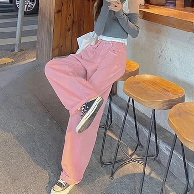 Blugi de modă de primăvară noi Pantaloni de damă Pantaloni de denim cu lege largi Pantaloni de stradă vintage roz, drepti, casual Jean Femme