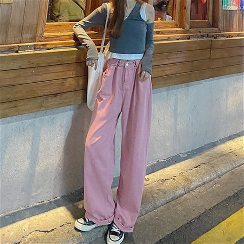 Nove proljetne modne traperice Ženske hlače Široke lege traper hlače Vintage Streetwear Ružičaste ravne ležerne hlače Jean Femme