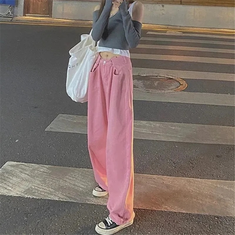 Nove proljetne modne traperice Ženske hlače Široke lege traper hlače Vintage Streetwear Ružičaste ravne ležerne hlače Jean Femme