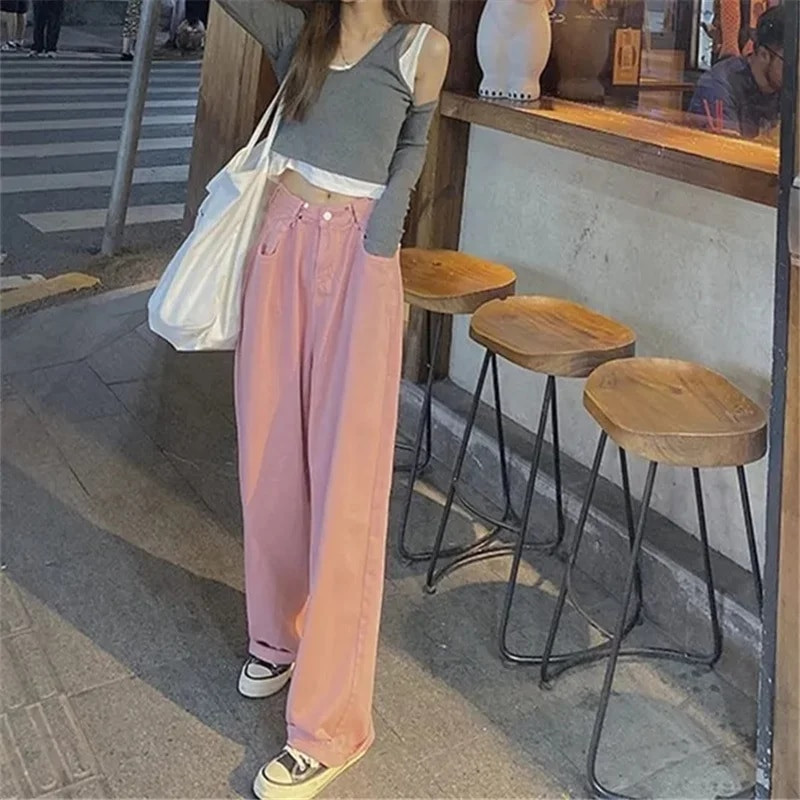 Nove proljetne modne traperice Ženske hlače Široke lege traper hlače Vintage Streetwear Ružičaste ravne ležerne hlače Jean Femme