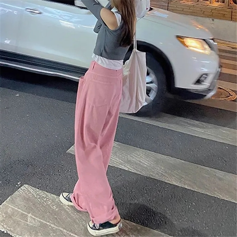 Nove proljetne modne traperice Ženske hlače Široke lege traper hlače Vintage Streetwear Ružičaste ravne ležerne hlače Jean Femme