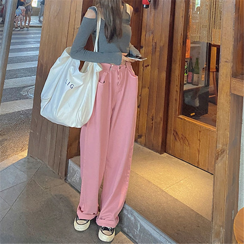 Nove proljetne modne traperice Ženske hlače Široke lege traper hlače Vintage Streetwear Ružičaste ravne ležerne hlače Jean Femme