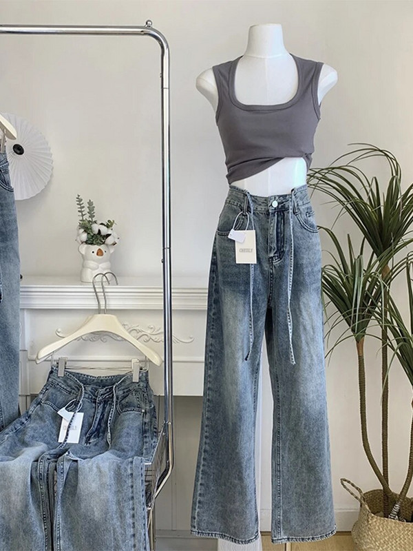 2022. Ženske nove jesensko-zimske traper hlače širokih nogavica s visokim strukom, široke ravne, cilindrične retro hlače s trapericama na vezivanje.