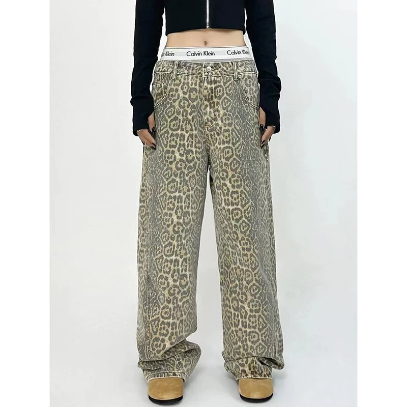 Američki retro High Street ležerni kombinezoni Leopard print široke široke hlače za žene Y2k Hip-hop Cargo Grunge široke hlače