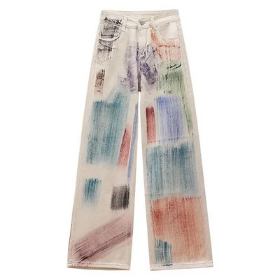 Y2k Harajuku Vintage Jeans Dizajn Estetika Print Kontrast Boja Pantalones De Mujer Visokog struka Ležerna široka odjeća za sve vrste