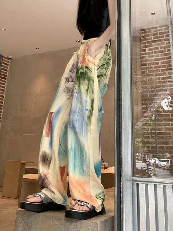 Y2k Harajuku Vintage Jeans Dizajn Estetika Print Kontrast Boja Pantalones De Mujer Visokog struka Ležerna široka odjeća za sve vrste