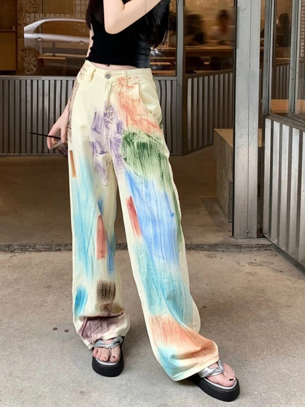Y2k Harajuku Vintage Jeans Dizajn Estetika Print Kontrast Boja Pantalones De Mujer Visokog struka Ležerna široka odjeća za sve vrste